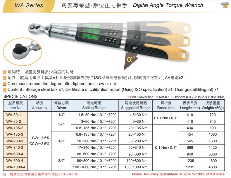 Digital Torque Wrench WA Series (4.5~1000 Nm / Angle Professional Type)